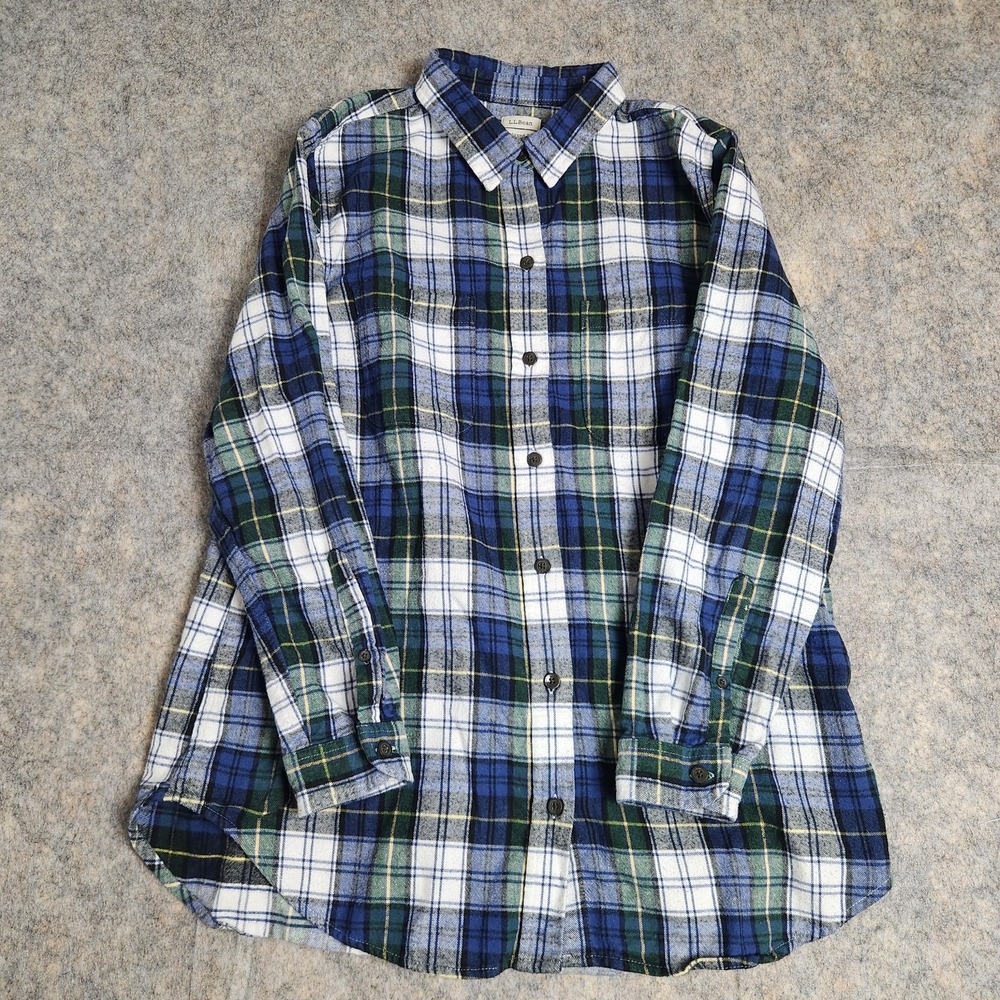 LL Bean Flannel Shirt Men M Blue Scotch Plaid Long Sleeve Button Up Utility Work